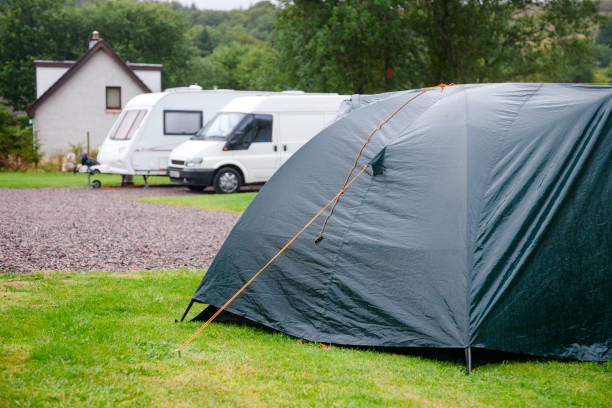 Wet camping tent at scottish campsite on a rainy day. Highlands of Scotland, UK