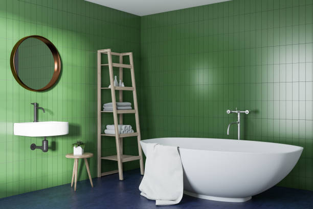 istock Green bathroom conrer, white bathtub 978299718