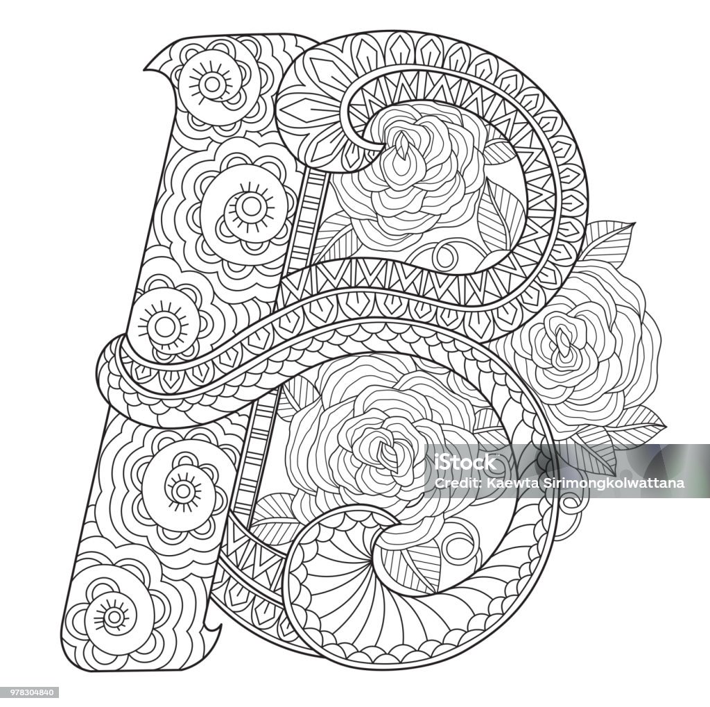 Hand drawn illustration of B alphabet in tangle style Hand drawn sketch illustration for adult coloring book vector was made in eps 10. Letter B stock vector