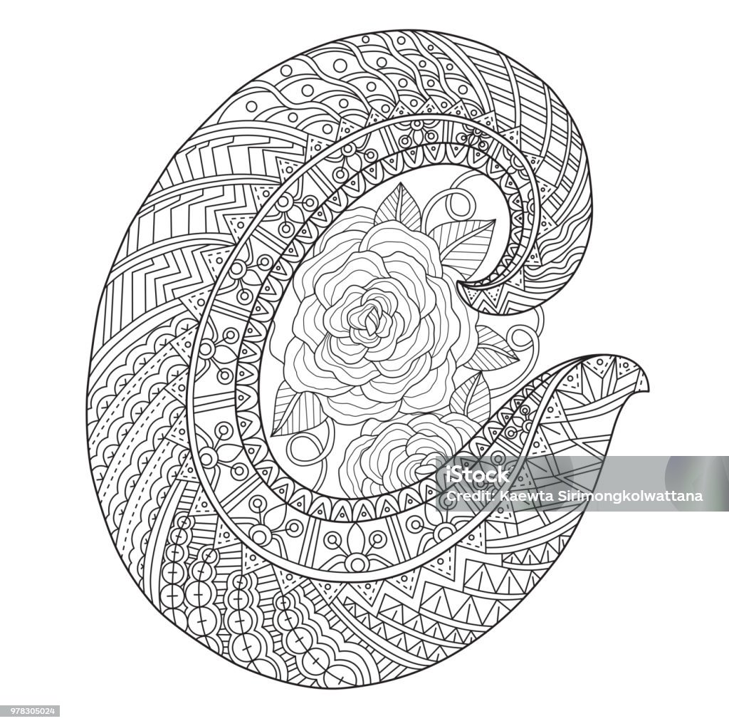 Hand drawn illustration of C alphabet in tangle style Hand drawn sketch illustration for adult coloring book vector was made in eps 10. Coloring Book Page - Illlustration Technique stock vector