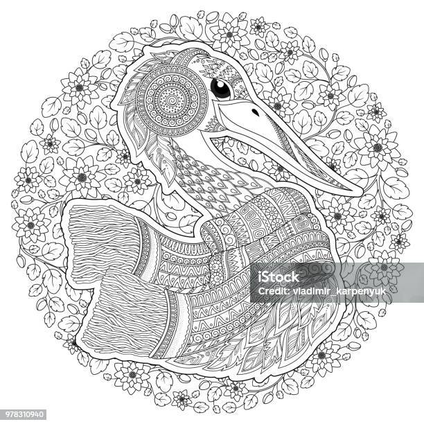 Stork Fantastic Flowers Branches Leaves Stock Illustration - Download Image Now - Abstract, Animal, Animal Wing