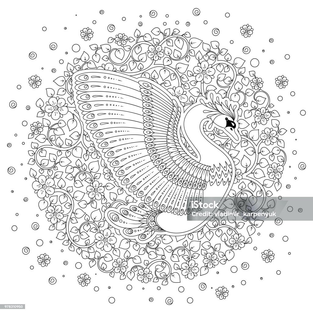 Hand drawn decorated swan.  Image for adult coloring books, pages Hand drawn peacock . Isolated on white. anti-stress Coloring Page Vector monochrome sketch. Animal stock vector
