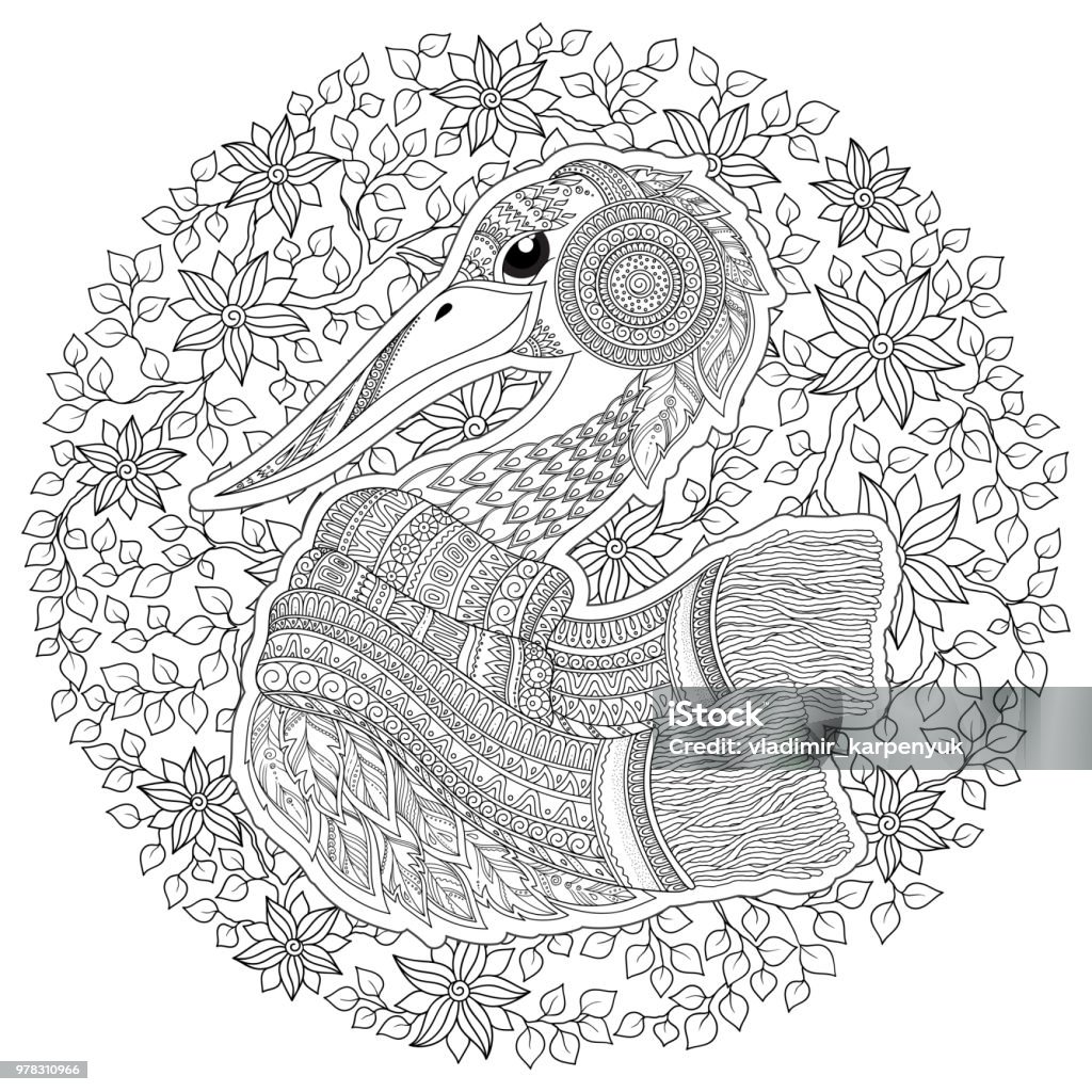 Strok, fantastic flowers, branches, leaves. Stork Japanese crane. Coloring book for adult. Outline drawing coloring page. Stock line vector illustration. Set of illustration. Abstract stock vector