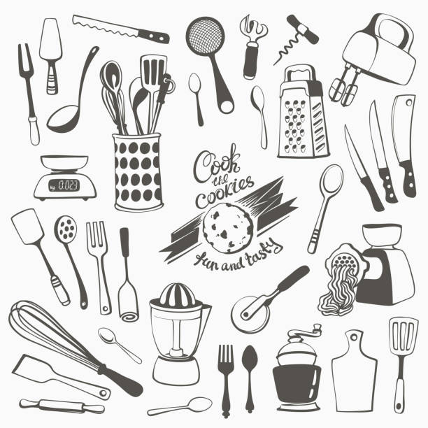 Cutlery and Kitchen Utensils Set Freehand illustrations of various cutlery and kitchen utensils. tureen stock illustrations