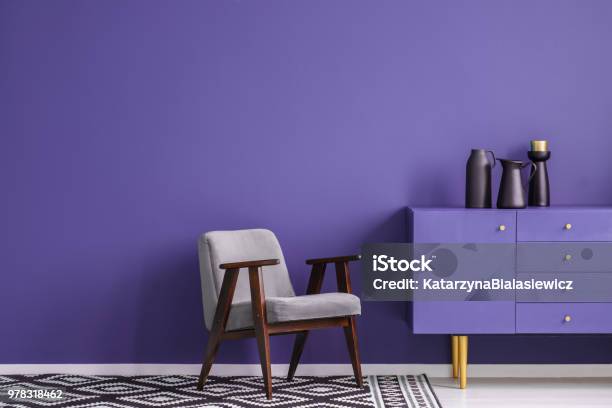 Violet Living Room Interior Stock Photo - Download Image Now - Purple, Wall - Building Feature, Furniture