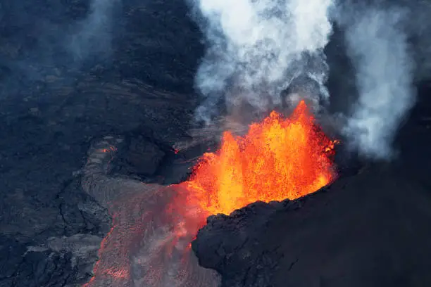 Aerial view of the volcanic eruption of volcano Kilauea, Fissure 8, May 2018