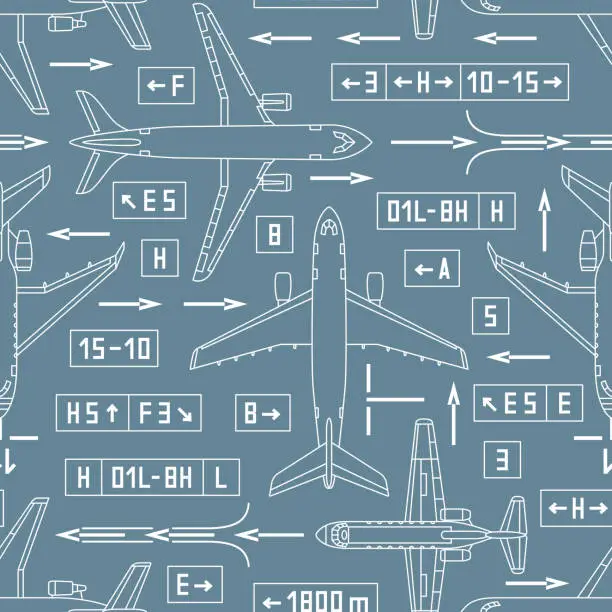 Vector illustration of seamless aviation pattern with airplanes and signs on a gray background