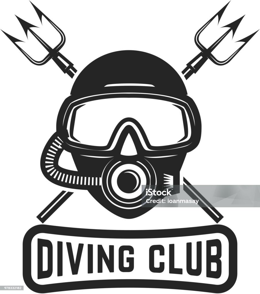 Diving club. Diver mask with crossed tridents. Design element for label, sign. Diving club. Diver mask with crossed tridents. Design element for  label, sign. Vector illustration Ancient stock vector