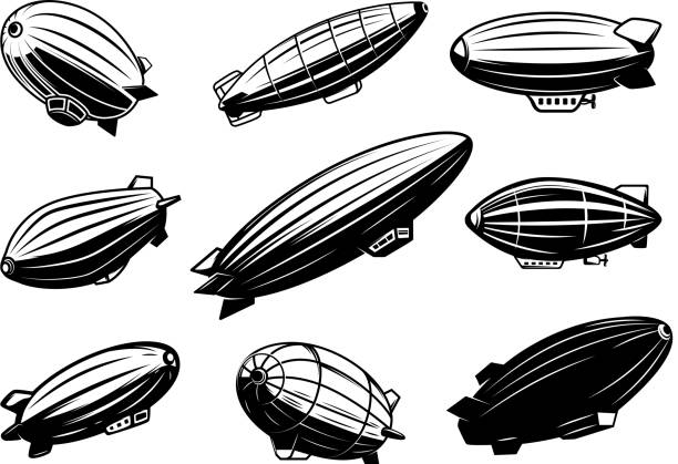 Set of air balloons, zeppelin. Design element for poster, card, emblem, sign, banner. Set of air balloons, zeppelin. Design element for poster, card, emblem, sign, banner. Vector image blimp stock illustrations