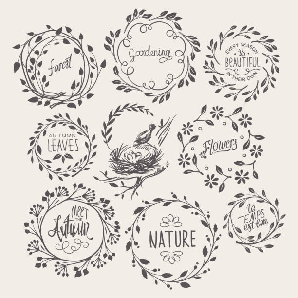 Set of Floral Wreath Vintage hand-drawn wreaths of leafy and floral twigs. tendril stock illustrations