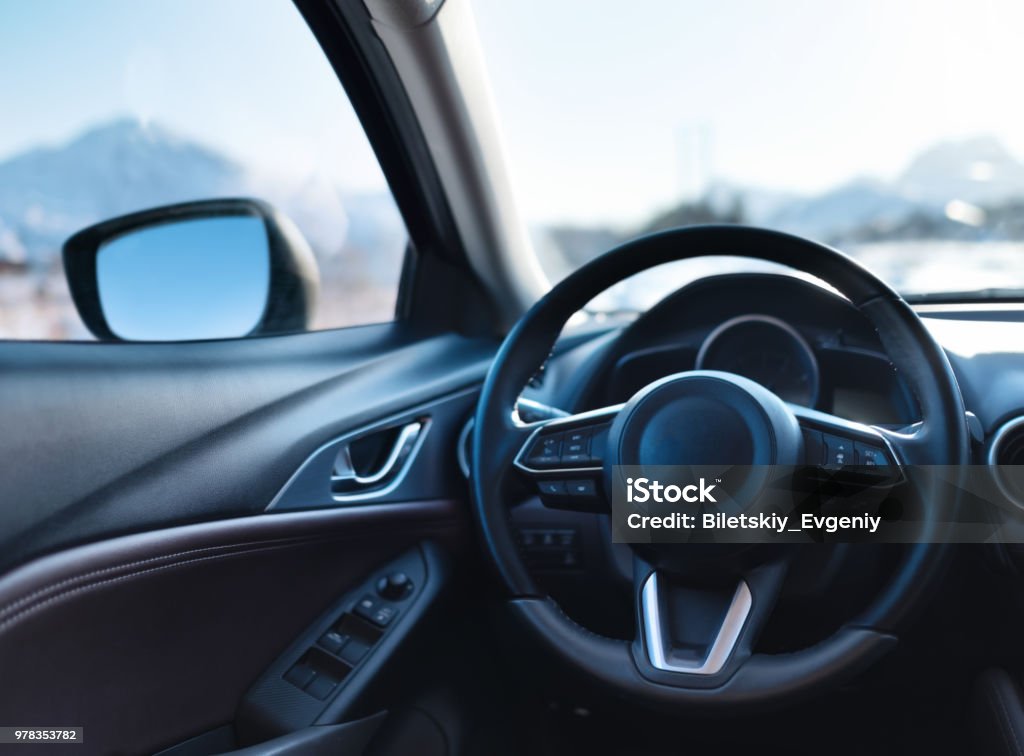 Car inside composition. Concept and idea of transportation Steering Wheel Stock Photo