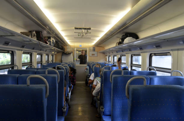 Aboard a 1st class railroad car in Sri Lanka Kandy, Sri Lanka, April 8, 2018 - Aboard a Sri Lanka Railways air conditioned 1st class railroad car between Kandy and Ella. train air conditioner stock pictures, royalty-free photos & images