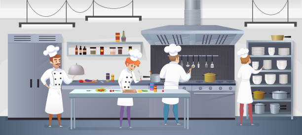 ilustrações de stock, clip art, desenhos animados e ícones de commercial kitchen with cartoon characters chef - chef commercial kitchen cooking silhouette