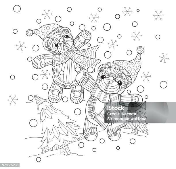 Hand Drawn Illustration Of Teddy Bears And Snow In Tangle Style Stock Illustration - Download Image Now