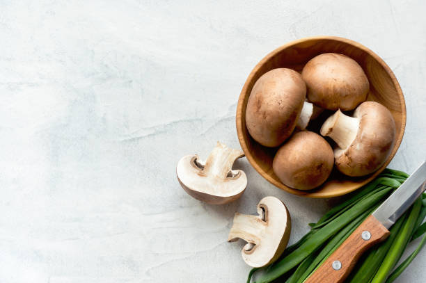 rodajas de champiñones marrones sobre fondo concreto. vista superior. - basidiomycota fotografías e imágenes de stock