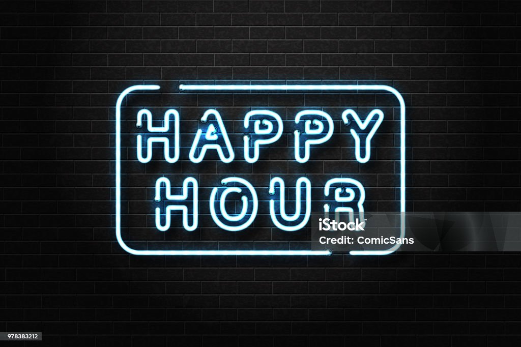 Vector realistic isolated neon sign of Happy Hour lettering logo for decoration and covering on the wall background. Concept of night club, free drinks, bar counter and restaurant. Happy Hour stock vector