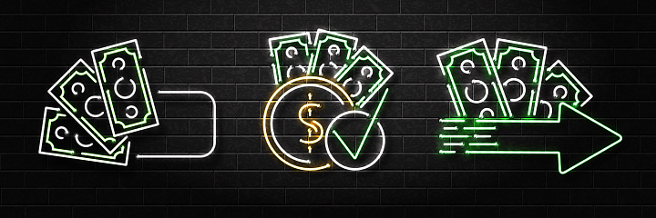 Vector set of realistic isolated neon sign of cash loans logo for decoration and covering on the wall background. Concept of fast money and financial crisis.