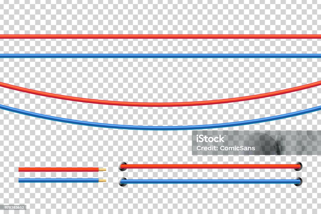 Vector realistic isolated red and blue electrical cable for decoration and covering on the transparent background. Concept of flexible network wires, electronics and connection. Cable stock vector