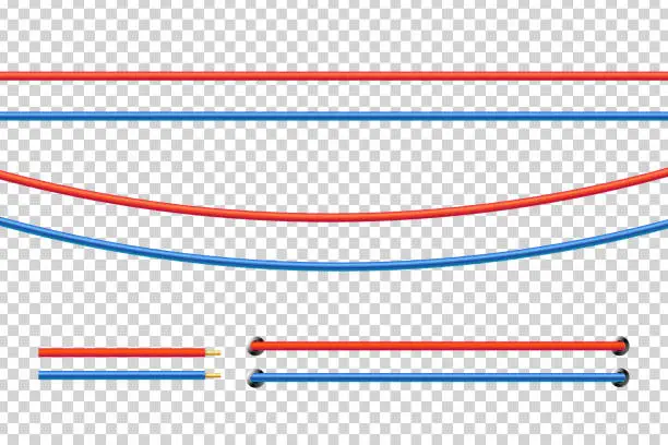Vector illustration of Vector realistic isolated red and blue electrical cable for decoration and covering on the transparent background. Concept of flexible network wires, electronics and connection.