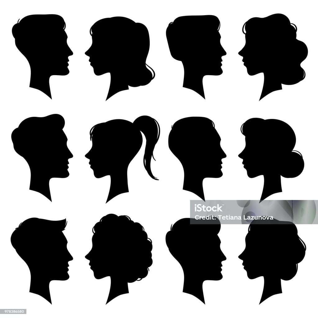 Female and Male faces silhouettes in vintage cameo style. Retro woman and man face profile portrait silhouette. People vector icons Female and Male faces silhouettes in vintage cameo style. Retro woman and man face profile portrait head black silhouette icon. People pony tail girl and boy couple vector icons isolated symbol set In Silhouette stock vector