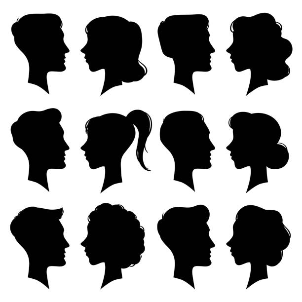 Female and Male faces silhouettes in vintage cameo style. Retro woman and man face profile portrait silhouette. People vector icons Female and Male faces silhouettes in vintage cameo style. Retro woman and man face profile portrait head black silhouette icon. People pony tail girl and boy couple vector icons isolated symbol set hairstyle bride jewelry women stock illustrations