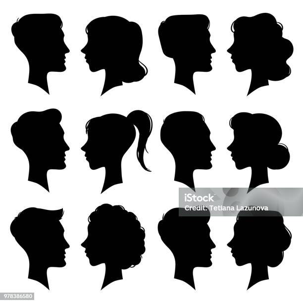 Female And Male Faces Silhouettes In Vintage Cameo Style Retro Woman And Man Face Profile Portrait Silhouette People Vector Icons Stock Illustration - Download Image Now