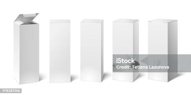 High White Cardboard Box Mockup Set Of Cosmetic Or Medical Packaging Paper Boxes Vector Illustration Stock Illustration - Download Image Now