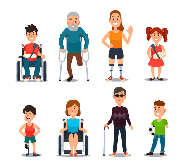 illustrazioni stock, clip art, cartoni animati e icone di tendenza di persone disabili. personaggi malati e disabili dei cartoni animati. persona su sedia a rotelle, donna ferita, uomo anziano e set vettore bambino malattia - men crutch isolated support