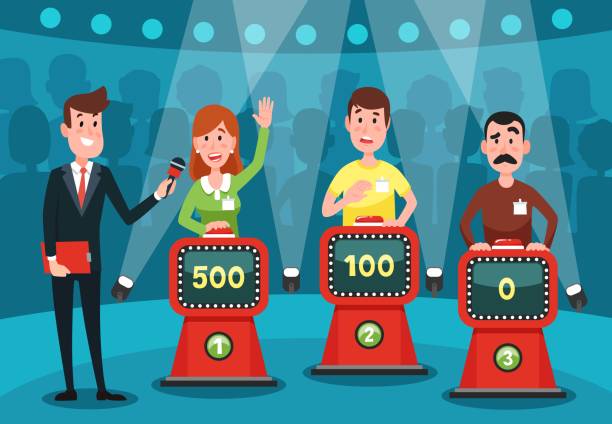 Young people guessing quiz questions. Intellectual game show studio with buttons on stands vector illustration Young people guessing quiz questions. Intellectual game show studio with playing buttons on stands for male and female excited intelligent players character cartoon colorful vector illustration contestant stock illustrations
