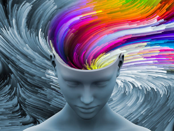 Mind Coloring Brain Swirl. 3D illustration of human head with color motion trails for subjects on art, psychology, creativity, imagination and dreams. psyche stock pictures, royalty-free photos & images