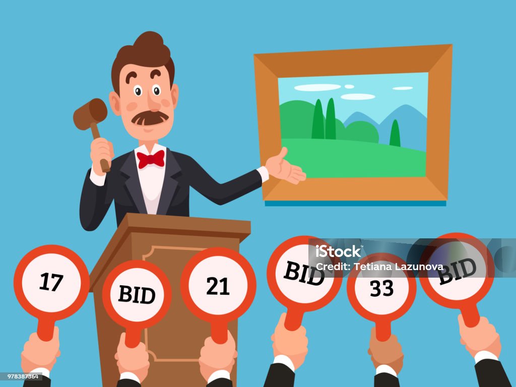 Man on stand leading auction hold gavel. People make bets on auctions bidding by raising bid paddles with numbers vector illustration Man on stand leading auction hold gavel. People businessman character make bets on auctions bidding by raising bid paddles with numbers to buy a piece of art colorful vector flat concept illustration Auction stock vector