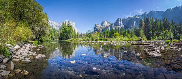 Panoramic view of famous Yosemite Valley with beautiful Merced river on a scenic sunny day with blue sky in summer, Yosemite National Park, California, USA