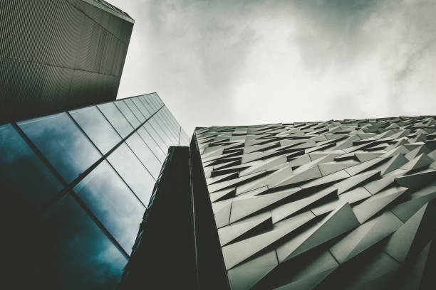 Belfast, Northern Ireland - May 11, 2018: facade of the Titanic Museum, which opened in 2012, in Belfast, Northern Ireland.