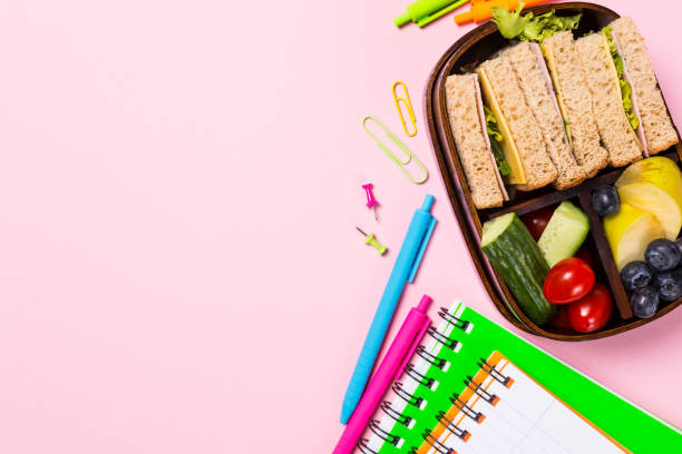 School wooden lunch box with sandwiches