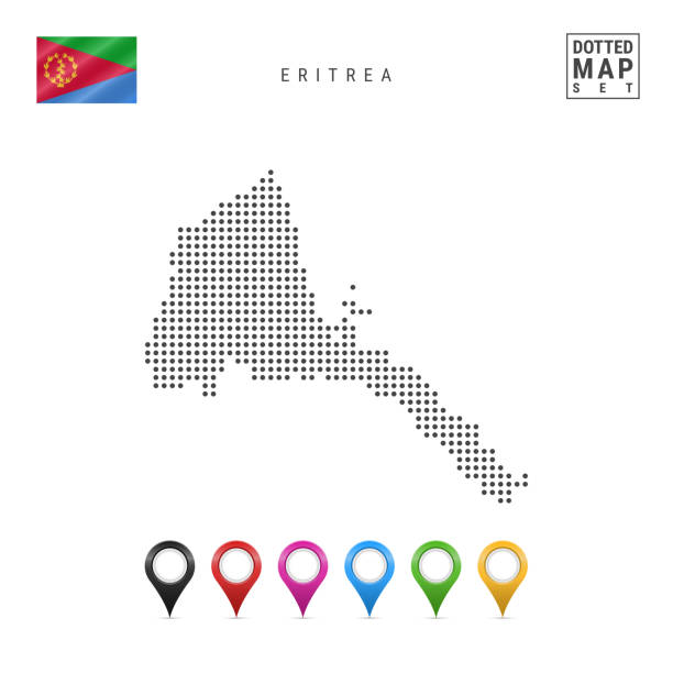 Vector Dotted Map of Eritrea. Simple Silhouette of Eritrea. National Flag of Eritrea. Set of Multicolored Map Markers Dotted Map of Eritrea. Simple Silhouette of Eritrea. The National Flag of Eritrea. Set of Multicolored Map Markers. Vector Illustration Isolated on White Background. silhouette of a eritrea stock illustrations