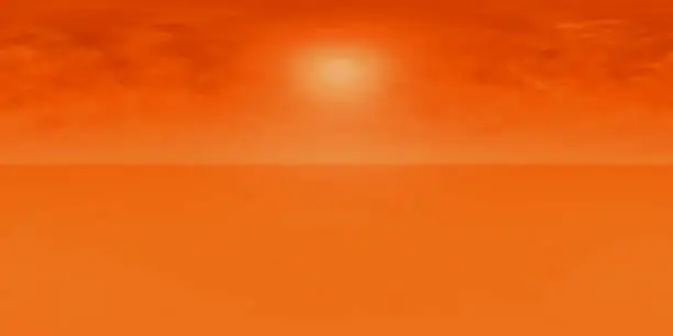 Photo of high resolution HDRI map: environment map for equirectangular projection, spherical panorama, 3d illustration background, 8k (sun in a vibrant orange sky over an alien planet)