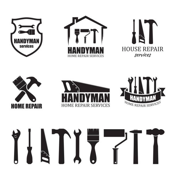 ilustraciones, imágenes clip art, dibujos animados e iconos de stock de conjunto de iconos de servicios de handyman diferentes - martillo