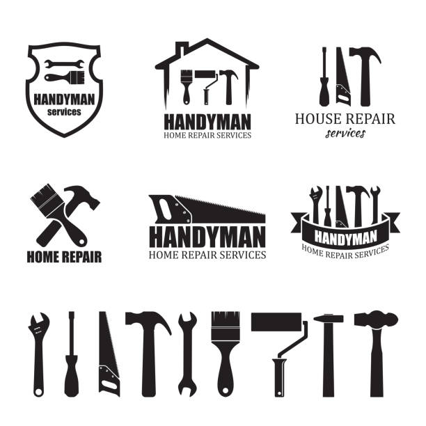 illustrazioni stock, clip art, cartoni animati e icone di tendenza di set di diverse icone dei servizi del tuttofare - work tool symbol hammer repairing