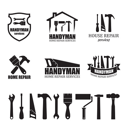 Set of different handyman services icons, isolated on white background. For logo, label or banner