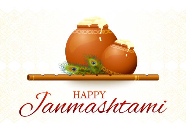Happy Krishna Janmashtami greeting card Happy Krishna Janmashtami greeting card with flute, butter pots and peacock feathers krishna stock illustrations