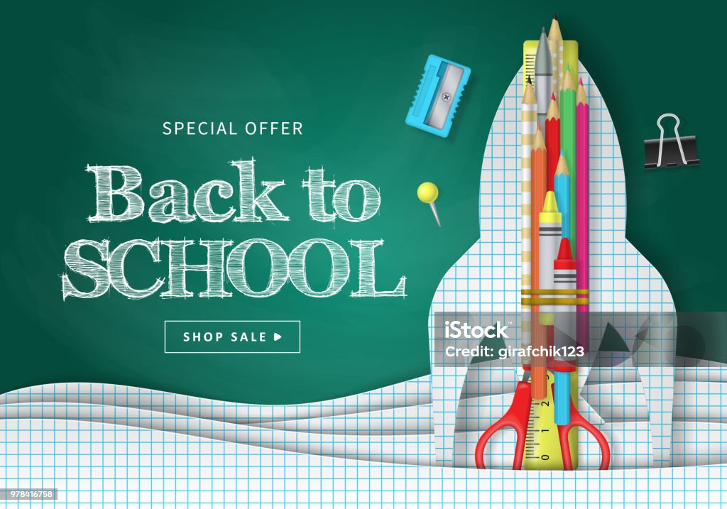 Back to school banner design Back to school banner design with paper cut pages, rocket, pencils and typography. Vector illustration Back to School stock vector