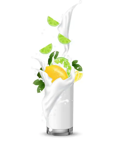 Vector illustration of Orange lime lemon yellow multi fruit cocktail. Splash milk swirl in the realistic glass. Slices falling into the glass cup isolated on white.