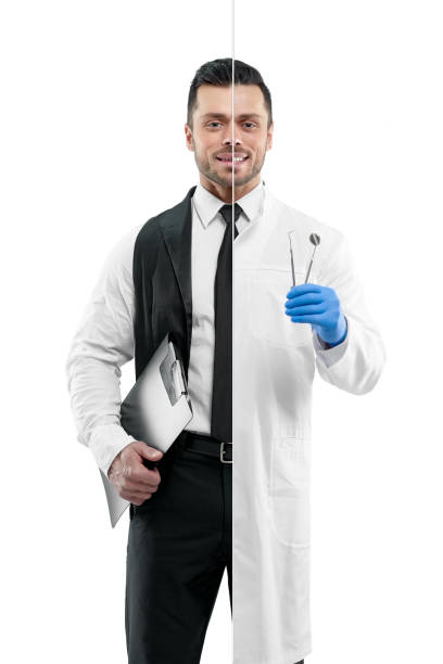 Comparison of manager and doctor's outlook. Manager wearing classic white shirt with black tie and keeping black folder. Dentist wearing white medical gown, blue gloves, having dental equipment.