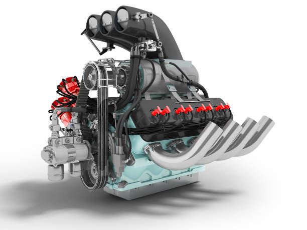 istock Modern gray automotive V engine with turbine with blue inserts 3d render on white background with shadow 978424274