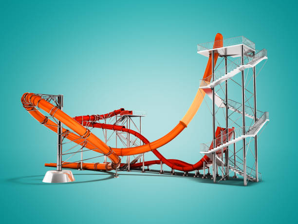 istock Modern orange red water roller coaster rides for water park rear 3d rendering on blue background with shadow 978424312
