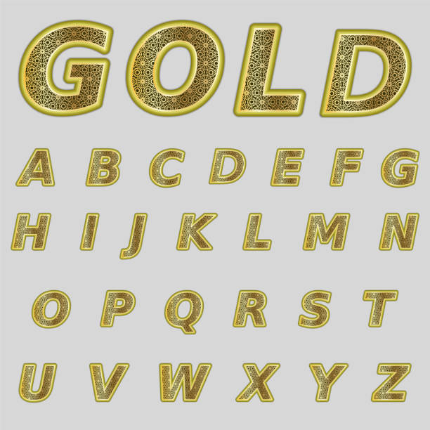 istock A complete set of Latin gold  letters with a lace mesh inside. Font is isolated by a grey background. Letters are made in 3D shapes with smooth edges.  Floral ornament. Vector illustration. 978427904