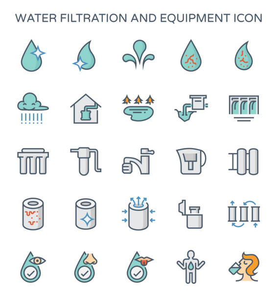 water filtration icon Water filtration and equipment icon set. water filter stock illustrations
