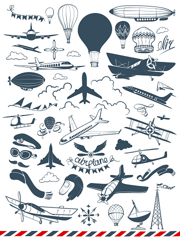 Hand-drawn vintage illustrations of airplanes, airships, helicopters, balloons and air flight attributes.