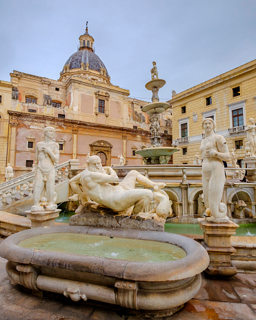 Palermo, Fontana Pretoria, dating to 1554, also known as Fountain of Shame, in Piazza Pretoria (Sicily, Italy)
