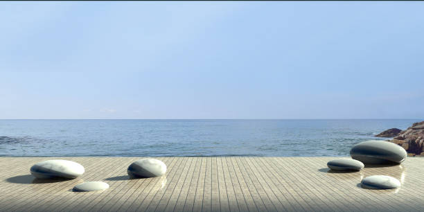 Beach lounge Luxury Stone and modern spa on Sea view in summer  / 3d render